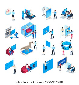 Virtual reality device. Isometric immersion training experience in vr equipment. Immersed human, virtual communication or augmented reality education. Isolated icons vector illustration collection