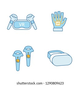 Virtual reality devices color icons set. VR headset and wireless controllers, haptic glove. Isolated vector illustrations