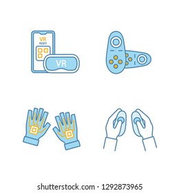 Virtual reality devices color icons set. Smartphone VR headset, wireless controllers, haptic gloves. Isolated vector illustrations