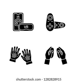 Virtual reality devices glyph icons set. Silhouette symbols. Smartphone VR headset, wireless controllers, haptic gloves. Vector isolated illustration