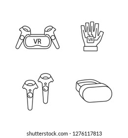 Virtual reality devices linear icons set. Thin line contour symbols. VR headset and wireless controllers, haptic glove. Isolated vector outline illustrations. Editable stroke