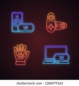 Virtual reality devices neon light icons set. Smartphone and computer VR headset, wireless controller, haptic glove. Glowing signs. Vector isolated illustrations