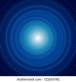 Virtual reality digital background from concentric rings of numbers 1 and 0. Futuristic abstract tunnel background
