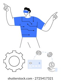 Realidade virtual, finanças digitais, tecnologia blockchain, inovação, fintech, pagamento on-line. Pessoa em equipamento VR conectada a linhas técnicas, engrenagem mão-dinheiro e ícones de cartão. Realidade virtual e digital