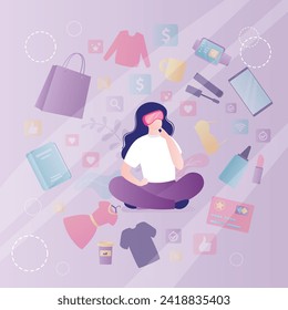 Realidad virtual, compras digitales. Tienda con gafas VR con experiencia 3d en compras en metástasis. Compras por Internet, la mujer usa nueva tecnología digital y piensa en comprar cosas nuevas.