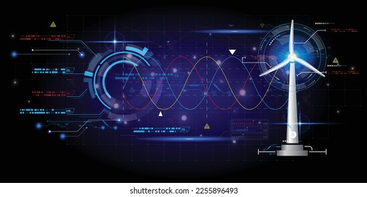 Virtual reality display of Energy from wind generator, Artificial Intelligence AI futuristic Hologram display design. Sci-Fi Frame HUD, GUI,UI. Futuristic display with data, High technology screen