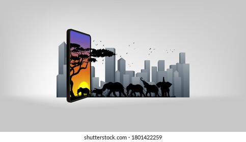 Virtual reality documentary of animals, elephants migrating from city to fertile forests via mobile phone, like watching movie in a cinema on sunset background for vector illustration