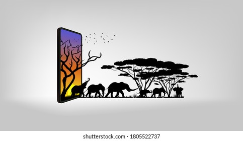 Virtual reality documentary of animals, elephants migrating from arid forests to fertile forests via mobile phone, like watching movie in a cinema on sunset background for vector illustration