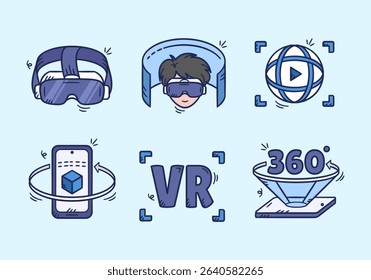 Virtual reality doodle icon collection. Set of augmented reality hand drawn illustration. Containing VR glasses, 3D video, 3d screen projector.
