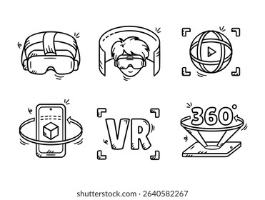 Virtual reality doodle icon collection. Set of augmented reality hand drawn illustration. Containing VR glasses, 3D video, 3d screen projector.