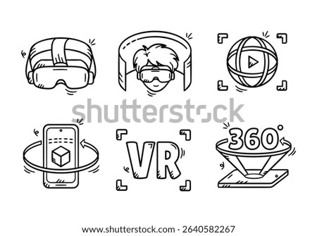 Virtual reality doodle icon collection. Set of augmented reality hand drawn illustration. Containing VR glasses, 3D video, 3d screen projector.