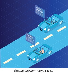 Virtual reality driving cars game in metaverse 3d isometric vector illustration concept for banner, website, landing page, ads, flyer template