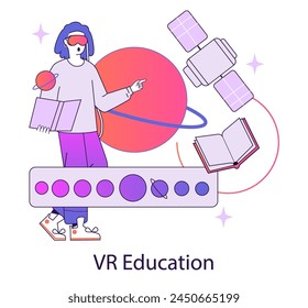 Virtual Reality education concept. A student engages with VR technology for immersive learning in astronomy. Digital classroom and innovative teaching methods. Vector illustration.