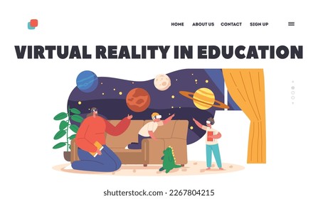 Plantilla de página de inicio de Realidad Virtual en Educación. La madre y los niños usan audífonos Vr para estudiar el espacio y los planetas del sistema solar utilizando tecnología artificial. Ilustración de vectores de personas de caricatura