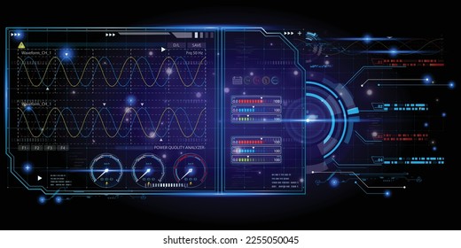 Virtual reality of electricity sine wave Analytic by Artificial Intelligence. Futuristic HUD Hologram display design. Sci-Fi Frame HUD, GUI,UI. Futuristic display with data, High technology screen