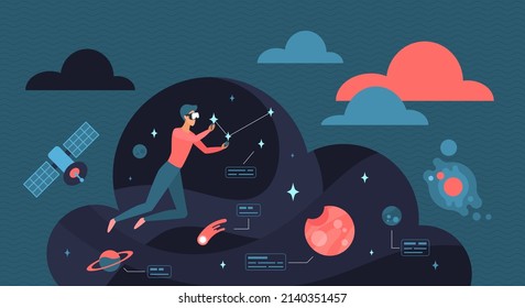 Virtual reality entertainment and education. Tiny person in VR glasses flying in cyber space to explore stars and planet, dream flight of gamer flat vector illustration. Cybersport, experience concept