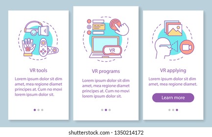 Virtual reality environment onboarding mobile app page screen with linear concepts. VR tools, programs, applying walkthrough steps graphic instructions. UX, UI, GUI vector template with illustrations