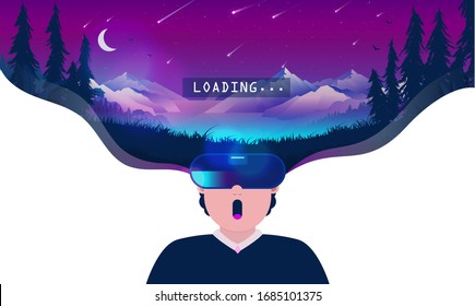 Virtual reality escape - Man with VR glasses watching a loading screen. Beautiful night scene with shooting stars in background. Vector illustration - Shutterstock ID 1685101375