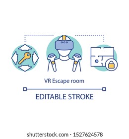 Virtual Reality Escape Room Concept Icon. Modern Interactive Game Idea Thin Line Illustration. Vr Technology Quest. Futuristic Digital Game. Vector Isolated Outline Drawing. Editable Stroke