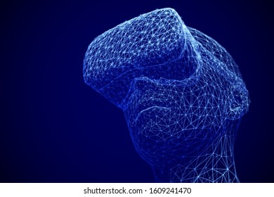Concepto de experiencia de realidad virtual: hombre usando gafas de realidad virtuales. Visualización abstracta del ciberespacio. Moderna animación. Cabeza digital con gafas vr. Ilustración vectorial EPS10