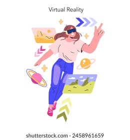 Virtual Reality experience An enthusiast explores digital landscapes, delving into immersive worlds with VR technology Interactive gaming ascends to new dimensions Vector illustration