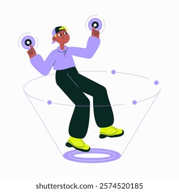Virtual Reality Experience With Male Character Using Motion Controllers In Flat Vector Illustration Symbolizing Gaming, Technology, And Immersion, Isolated On White Background.