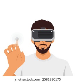 Virtual Reality Experience. Man wearing VR headset with digital environment using hand gestures. Flat vector Character Illustration - Powered by Shutterstock - Get 15% off with code: PIKWIZARD15