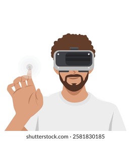 Virtual Reality Experience. Man wearing a VR headset with digital environment using hand gestures. Flat vector Character Illustration