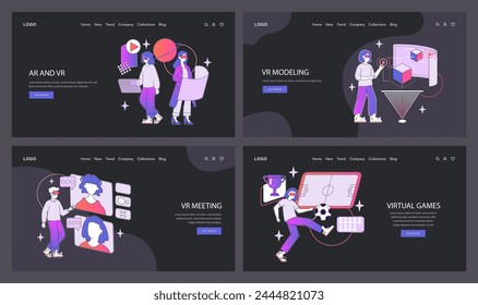 Virtual Reality Experiences set. Capturing diverse VR applications, from modeling and meetings to immersive gaming. A digital leap into alternate realities. Vector illustration