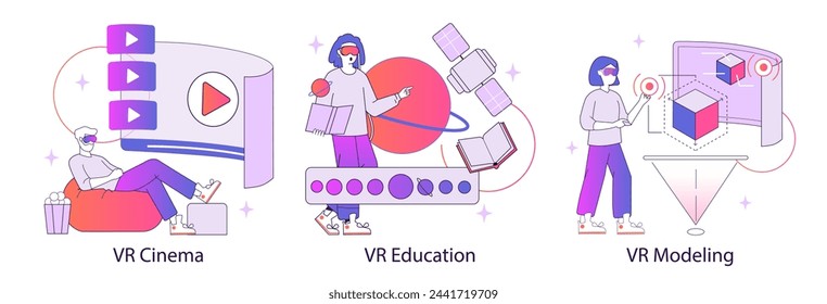 Conjunto de experiencias de realidad virtual. Cine de realidad virtual envolvente, módulos educativos y modelado preciso. Exploración digital interactiva. Nuevas perspectivas en el aprendizaje y el diseño. Ilustración de vector