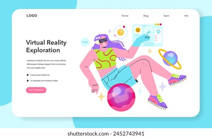 Virtual Reality Exploration concept. A relaxed user interacts with a futuristic interface while lounging comfortably. Digital adventure in a vivid, playful setting. Vector illustration.