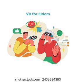 Virtual reality exploration concept. Senior woman experiencing VR with guidance from adult grandson. Interactive tech expanding horizons for elders. Technologies in modern world. Vector illustration
