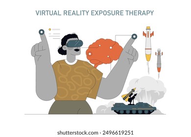 Virtual Reality Exposure Therapy illustration. First responder using VR headset for PTSD treatment. Digital mental health intervention. Vector illustration.