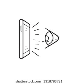 Virtual Reality Eye And Mobile Phone Hand Drawn Outline Doodle Icon. Future VR Technology, Eye Tracking Concept. Vector Sketch Illustration For Print, Web, Mobile And Infographics On White Background.