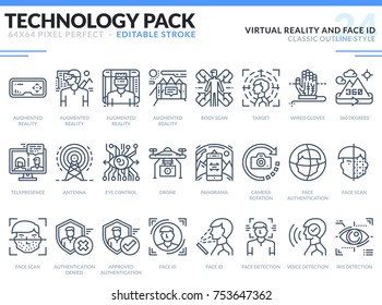 Virtual Reality and Face ID Icons Set. Editable Stroke. Technology outline icons pack. Pixel perfect thin line vector icons for web design and website application.