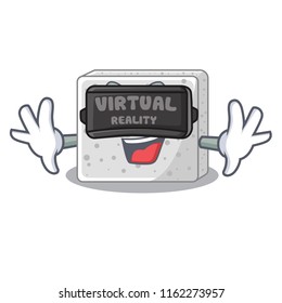 Virtual reality feta cheese block on plate cartoon Virtual reality feta cheese block on plate cartoon