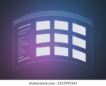 Virtual reality file manager with folders and media content. Optimize file organization and increase productivity. Illustration of efficient curved vr or ar file management concept
