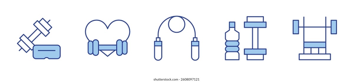 virtual reality, fitness, heart, gym machine, jumping rope. Gym Icon vector illustration. Line Duotone style. Editable stroke.
