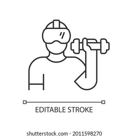 Virtual reality fitness linear icon. VR game exercises. Boxing simulator. Gym training. Thin line customizable illustration. Contour symbol. Vector isolated outline drawing. Editable stroke