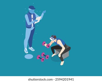 Virtual Reality Fitness Training with AI Coach and Smart Workout  3d isometric flat vector illustrations