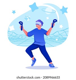 Virtual reality flat character concept for web design. Happy man in VR headset playing in augmented reality simulation, modern people scene. Vector illustration for social media promotional materials.