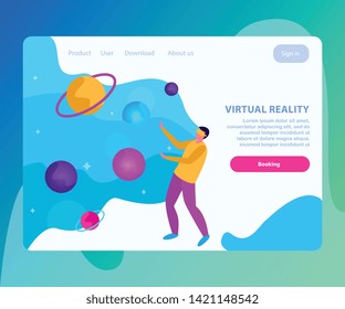 Virtual reality flat and colored landing page with booking page for internet site vector illustration