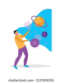 Virtual reality flat composition with human character wearing vr rig surrounded by holographic objects vector illustration