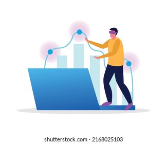 Virtual reality flat composition with human character wearing vr rig surrounded by holographic objects vector illustration