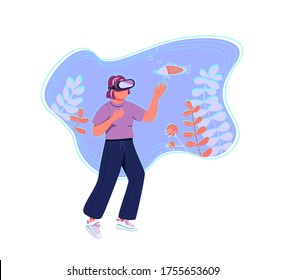 Virtual reality flat concept vector illustration. Young woman, teen girl in VR headset 2D cartoon character for web design. Sea life exploration simulation, immersive experience creative idea