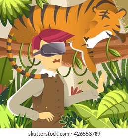 virtual reality flat design illustration - jungle expedition