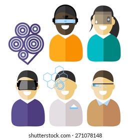 Virtual reality flat icons set, vector illustration of happy people wearing vr devices