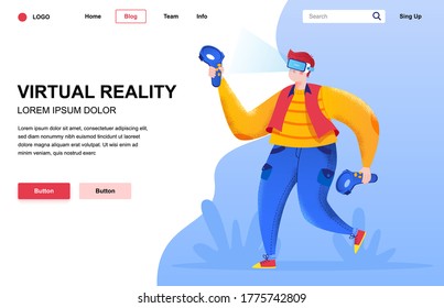 Virtual reality flat landing page composition. Young man standing with VR goggles and keep joysticks. Colorful people character with noise texture vector illustration. Modern digital entertainment.
