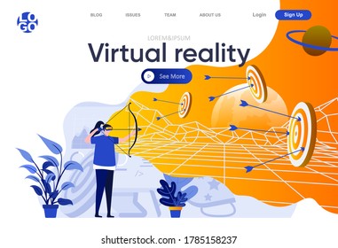 Virtual reality flat landing page. Woman archer with virtual reality headset and bow playing game in cyberspace vector illustration. Digital entertainment web page composition with people characters.