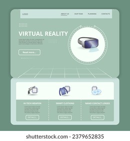 Virtual reality flat landing page website template. Hi-tech weapon, smart clothing, nano contact lenses. Web banner with header, content and footer. Vector illustration.